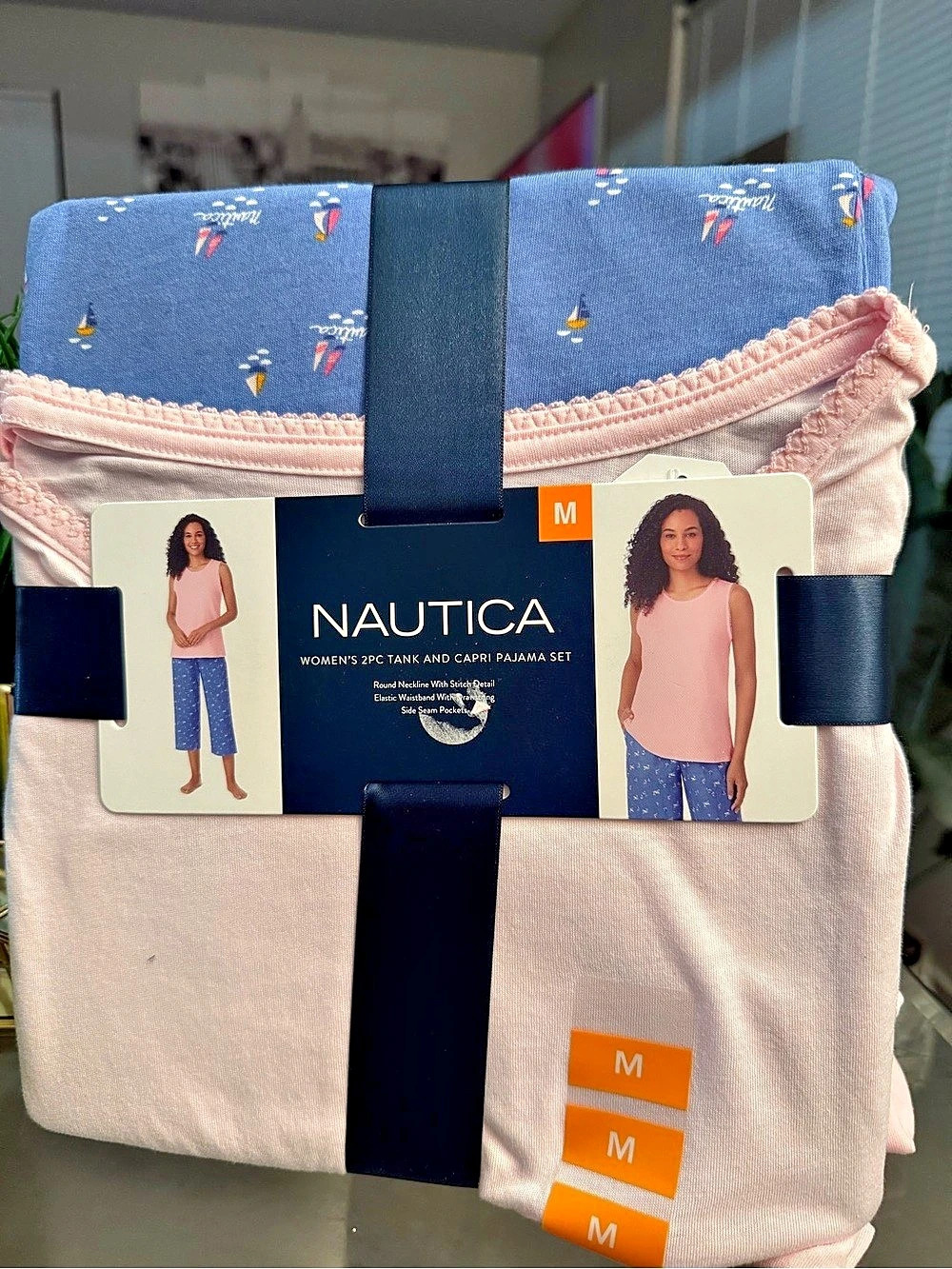 Nautica Women's 2pc Tank and Capri Pajama Set Pink & Blue Medium